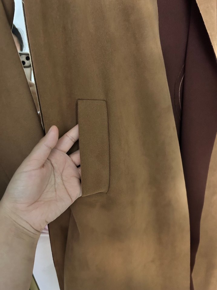 Kahverengi Süet Kemerli Uzun Kadın Trençkot - Görsel 4