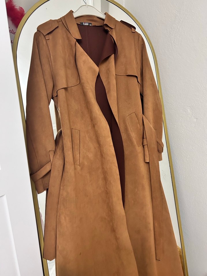 Kahverengi Süet Kemerli Uzun Kadın Trençkot - Görsel 2