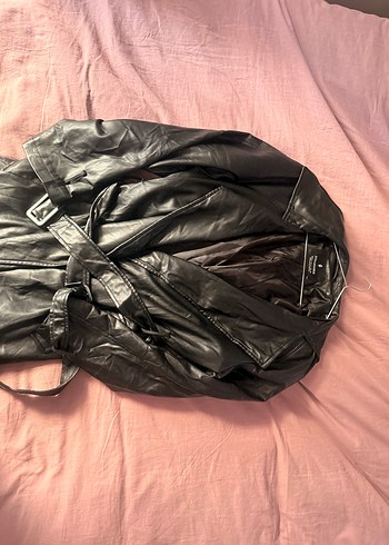 Kemerli Siyah Uzun Deri Kadın Ceket - Görsel 2