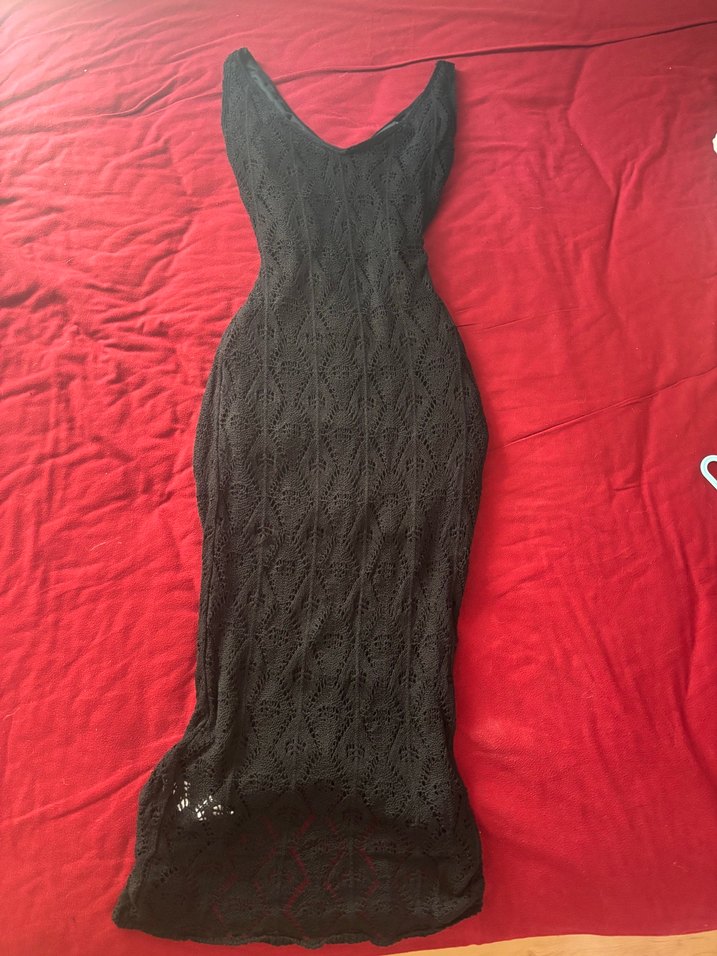 Siyah V Yakalı Örgü Uzun Kadın Elbise - Görsel 5