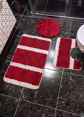 Kırmızı Beyaz Şeritli Banyo Paspası Seti - Görsel 2