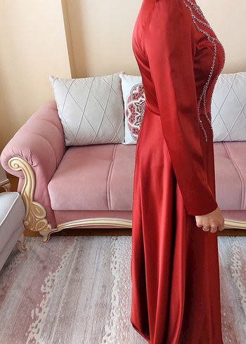 36 Beden bordo Renk Bordo Uzun Kollu İşlemeli Abiye Elbise