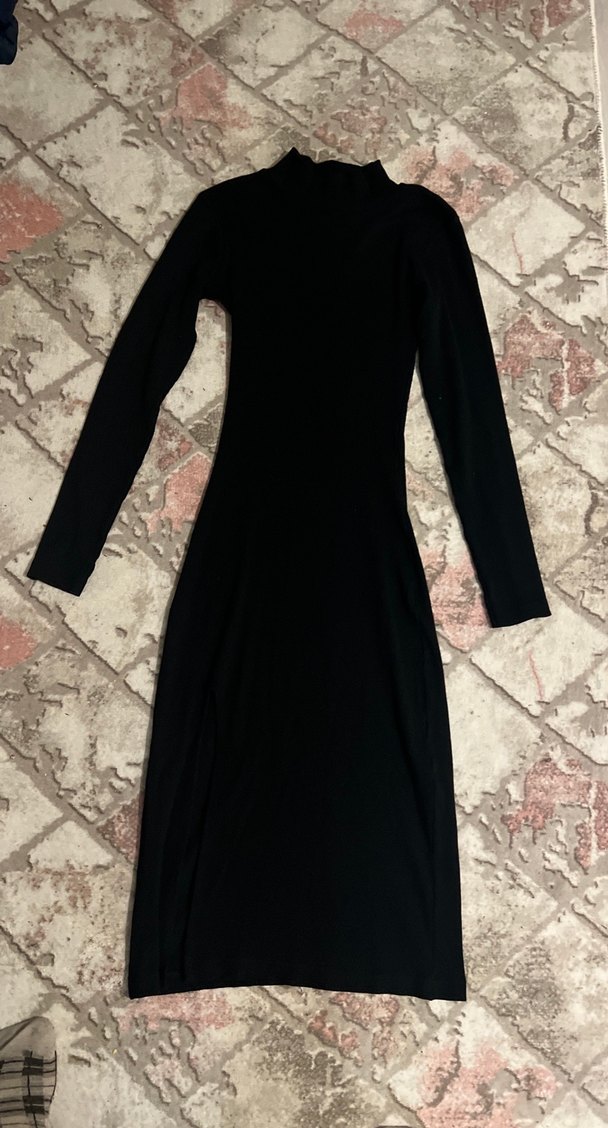 Klasik Şıklık Siyah Uzun Kollu Uzun Elbise ön  yırtmaçlı - Görsel 2