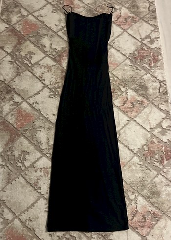 Siyah Straplez Uzun Drapeli Kadın Elbise  sırt dekolteli az - Görsel 2