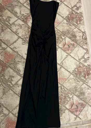 Siyah Straplez Uzun Drapeli Kadın Elbise  sırt dekolteli az - Görsel 3