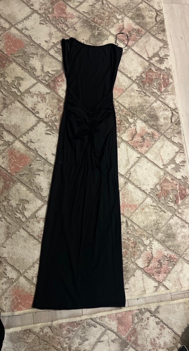 Siyah Straplez Uzun Drapeli Kadın Elbise  sırt dekolteli az - Görsel 3