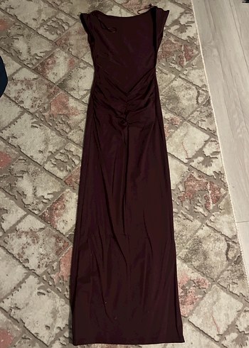 Bordo Drapeli Straplez Uzun Elbise arkası dekolteli - Görsel 3