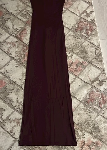 Bordo Drapeli Straplez Uzun Elbise arkası dekolteli - Görsel 2
