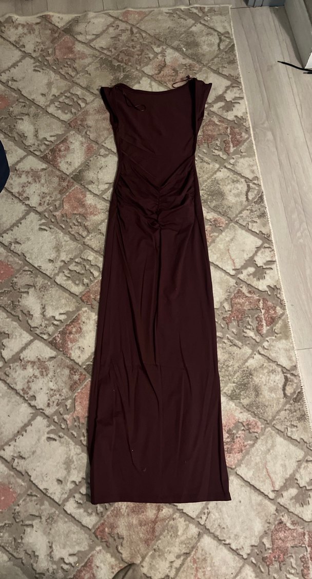Bordo Drapeli Straplez Uzun Elbise arkası dekolteli - Görsel 3