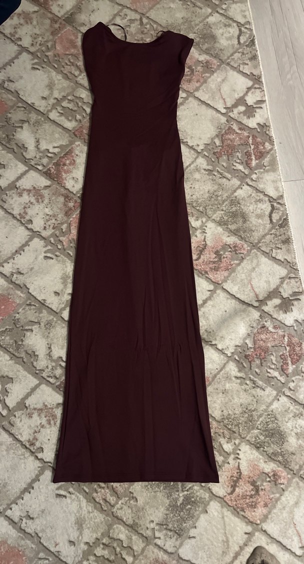 Bordo Drapeli Straplez Uzun Elbise arkası dekolteli - Görsel 2