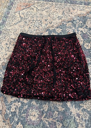 Bordo Payetli Mini Etek bul etek parlak - Görsel 3