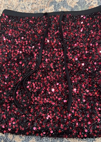 Bordo Payetli Mini Etek bul etek parlak - Görsel 5