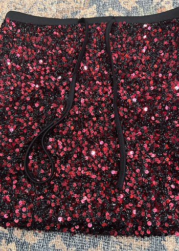 Bordo Payetli Mini Etek bul etek parlak - Görsel 4