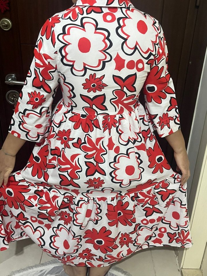 Kırmızı Çiçek Desenli Uzun Bohem Elbise - Görsel 2