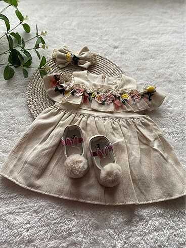 Kız Bebek çiçekli bayramlık elbise banadana set