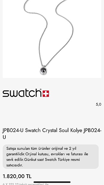 Swatch Swatch siyah taşlı kolye
