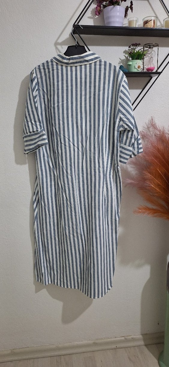 Gri Çizgili Pamuklu Hamile Midi Elbise - Görsel 2