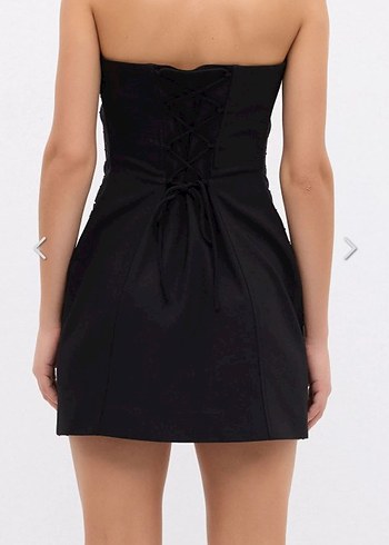 Düğmeli Straplez Mini Siyah Puantiyeli Elbise - Görsel 2