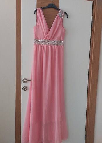 Drapeli Pembe Uzun Abiye Elbise