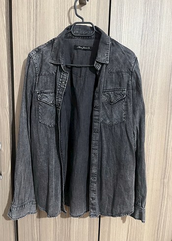 Gri Kadın Denim Ceket Düğmeli ve Salaş