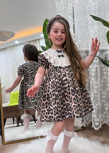 Kız Çocuk Leopar Desenli Dantel Detaylı Elbise