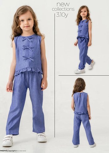 Kız Çocuk Mavi Denim Fırfırlı takim