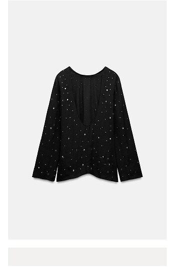 xs Beden siyah Renk Zw collection parlak taşlı sırtı açık bluz