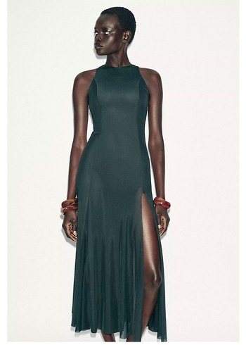 Zara uzun yırtmaçlı godeli tül elbise - Görsel 2