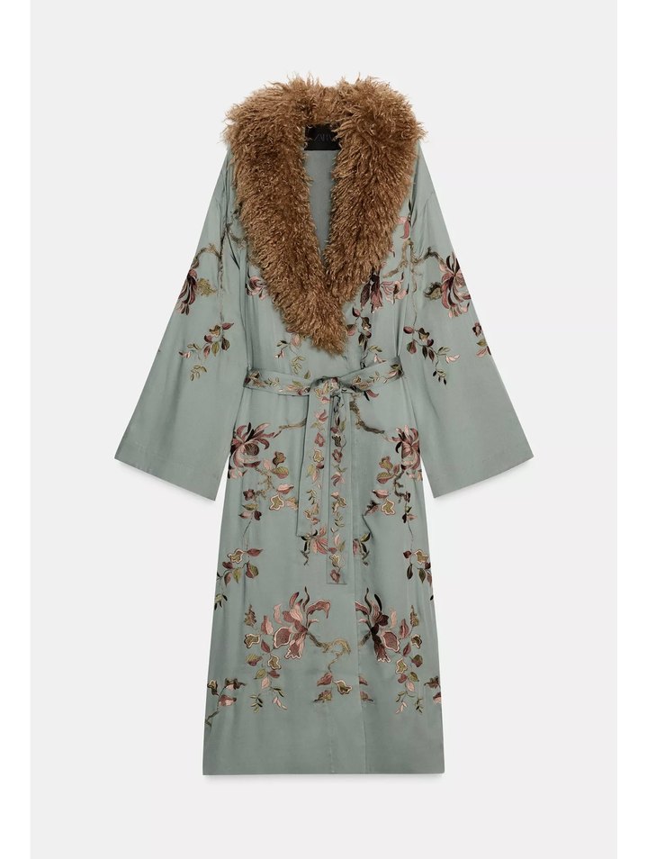 Zw collection nakışlı suni kur k yakalı kimono - Görsel 5