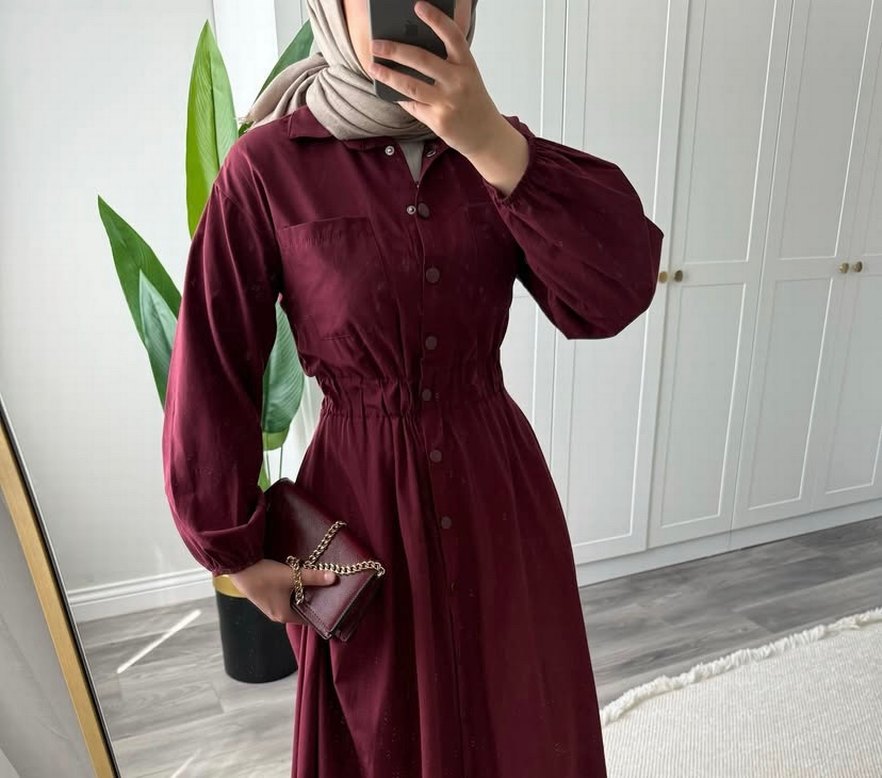 Diger Bordo Uzun Kollu Düğmeli Elbise - Görsel 2