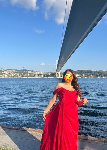 Kırmızı Drapeli Midi Abiye Elbise - Görsel 3