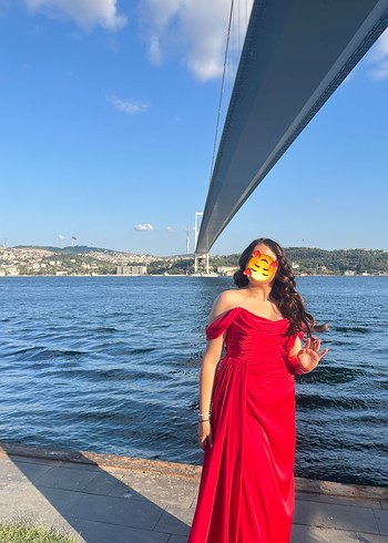 Kırmızı Drapeli Midi Abiye Elbise - Görsel 2