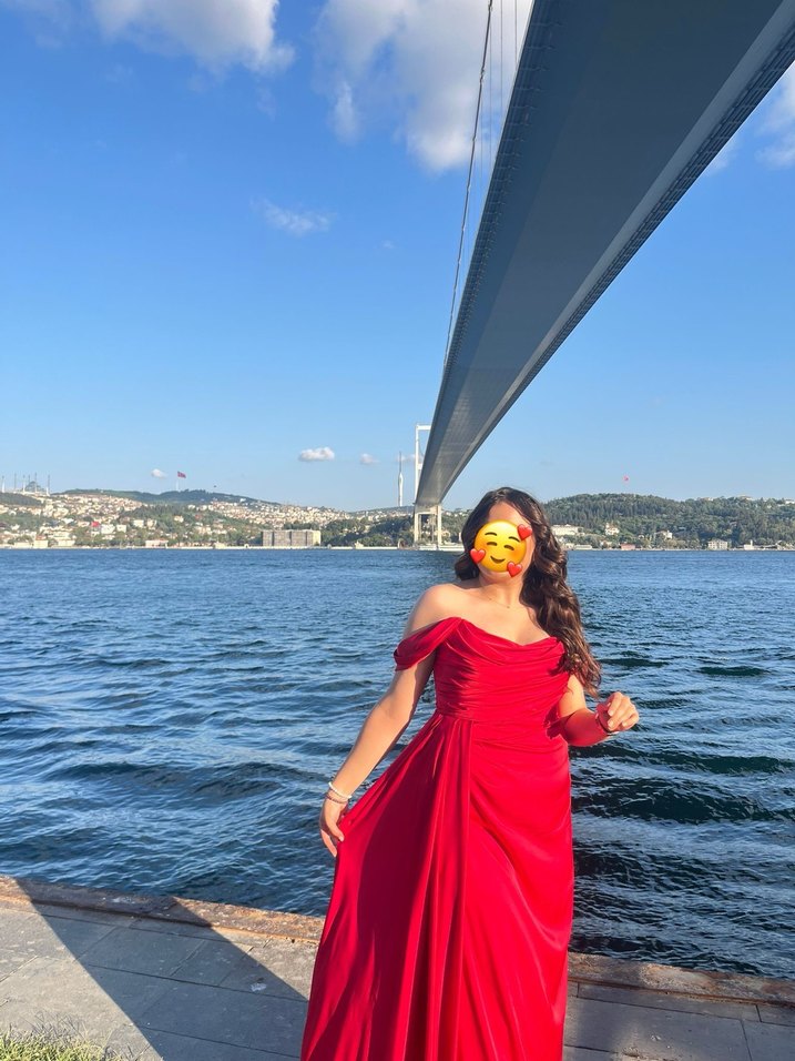 Kırmızı Drapeli Midi Abiye Elbise - Görsel 3