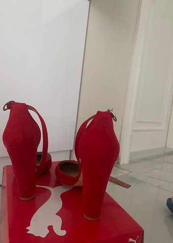 Kırmızı Süet Tokalı Stiletto Kadın Topuklu - Görsel 6