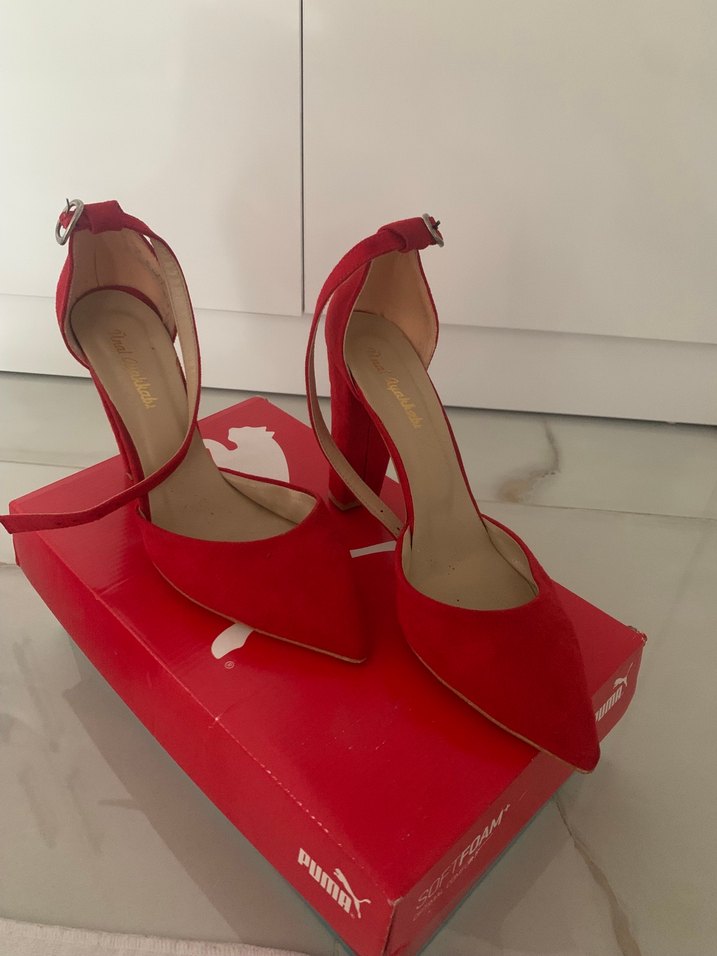 Kırmızı Süet Tokalı Stiletto Kadın Topuklu - Görsel 5