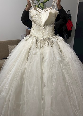 Straplez Parlak Beyaz Prenses Gelinlik - Görsel 2