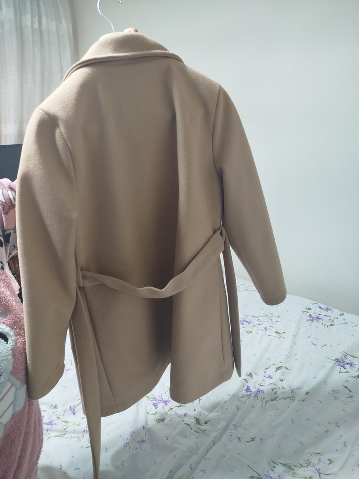 Bej Mini Kadın Kaban, Düğmeli, Rahat Kesim - Görsel 2