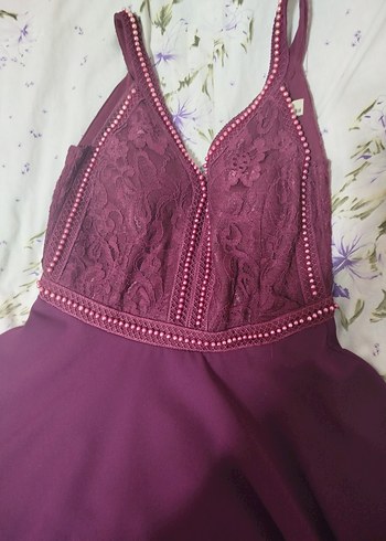 Bordo Dantelli V Yakalı Midi Elbise - Görsel 4