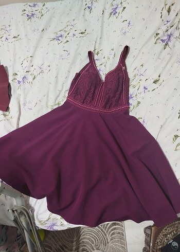 Bordo Dantelli V Yakalı Midi Elbise - Görsel 3