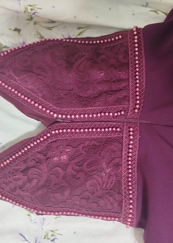 Bordo Dantelli V Yakalı Midi Elbise - Görsel 5