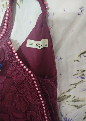 Bordo Dantelli V Yakalı Midi Elbise - Görsel 2