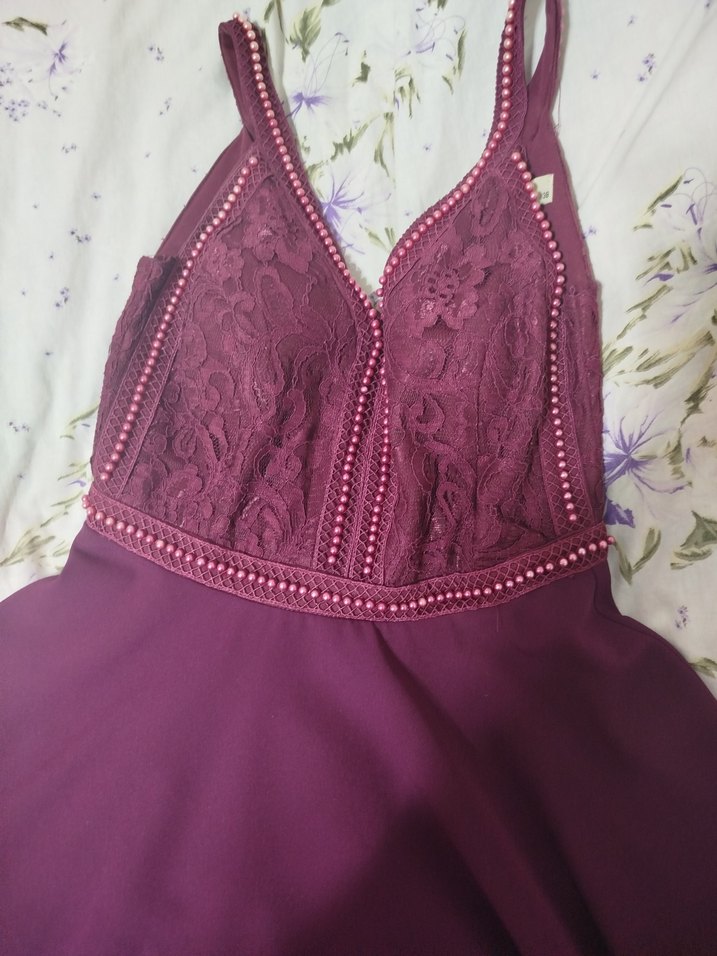 Bordo Dantelli V Yakalı Midi Elbise - Görsel 4