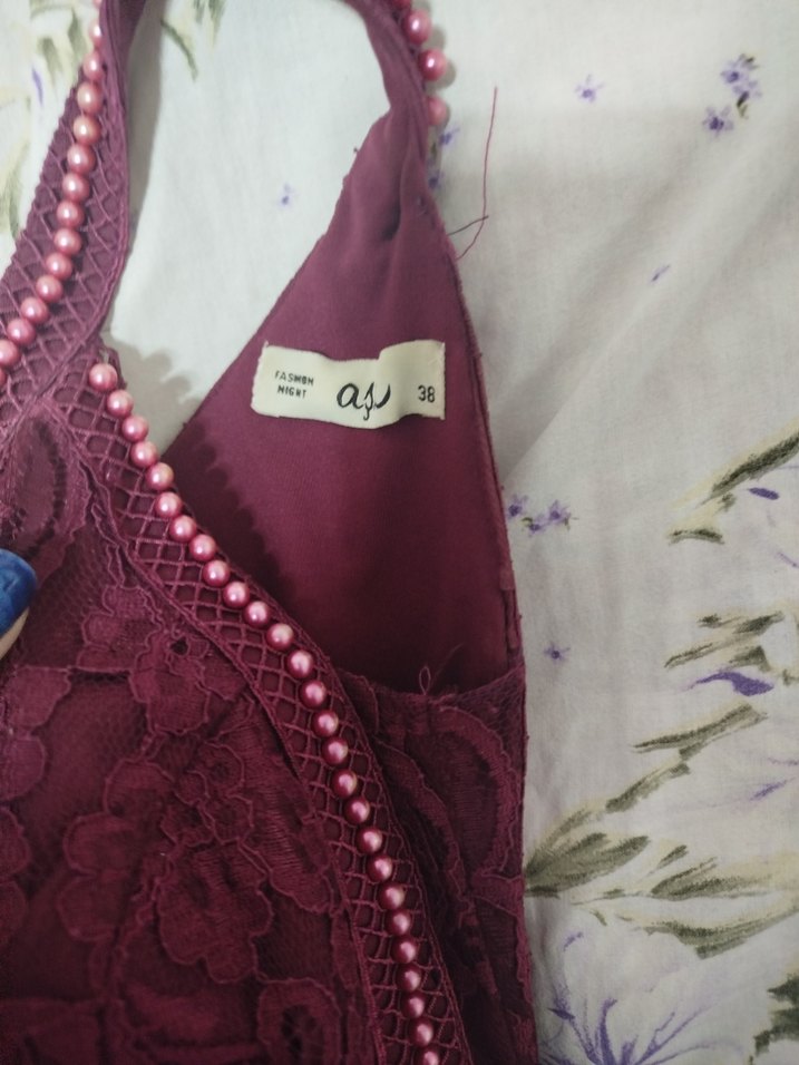 Bordo Dantelli V Yakalı Midi Elbise - Görsel 2