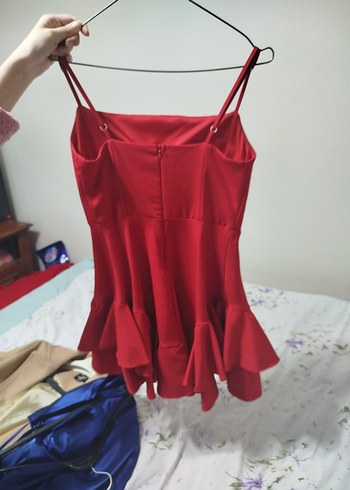 Kırmızı Mini Elbise, Fırfırlı, Askılı - Görsel 2