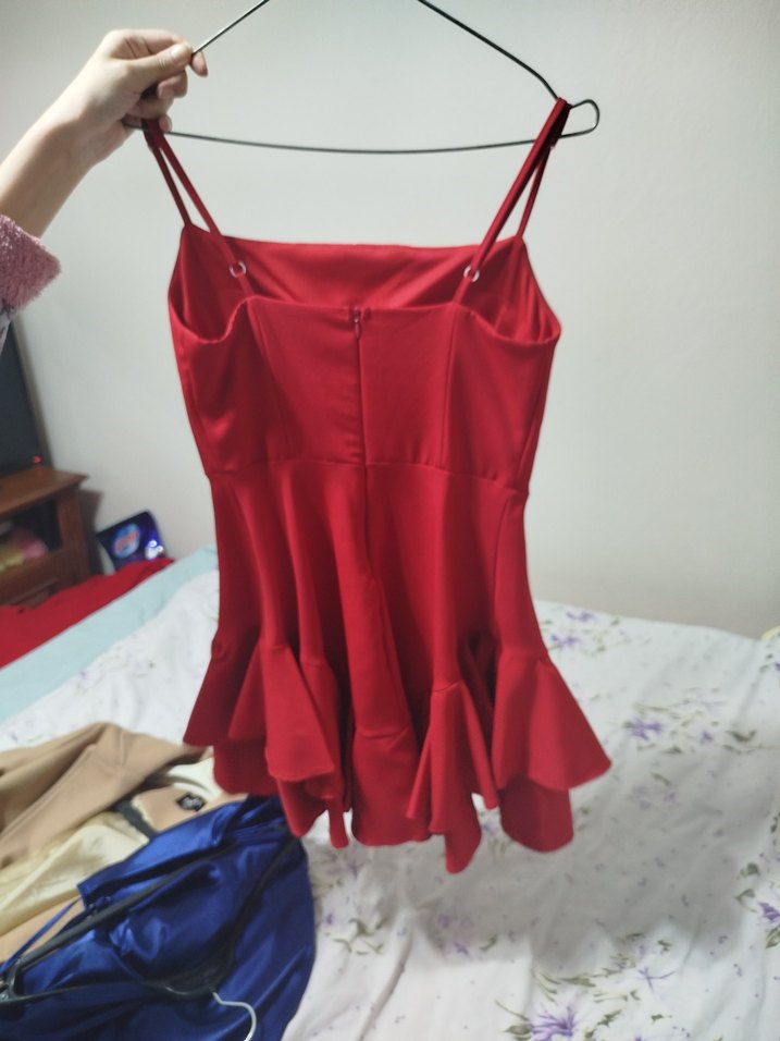 Kırmızı Mini Elbise, Fırfırlı, Askılı - Görsel 2