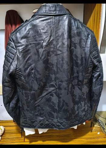Kemerli Siyah Kamuflaj Deri Biker Ceket - Görsel 2