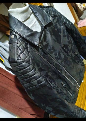Kemerli Siyah Kamuflaj Deri Biker Ceket - Görsel 6