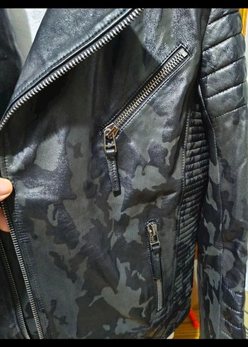 Kemerli Siyah Kamuflaj Deri Biker Ceket - Görsel 5