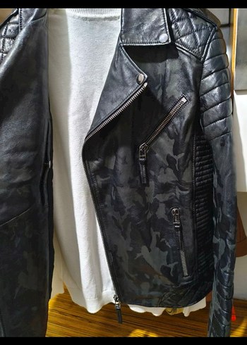 Kemerli Siyah Kamuflaj Deri Biker Ceket - Görsel 4