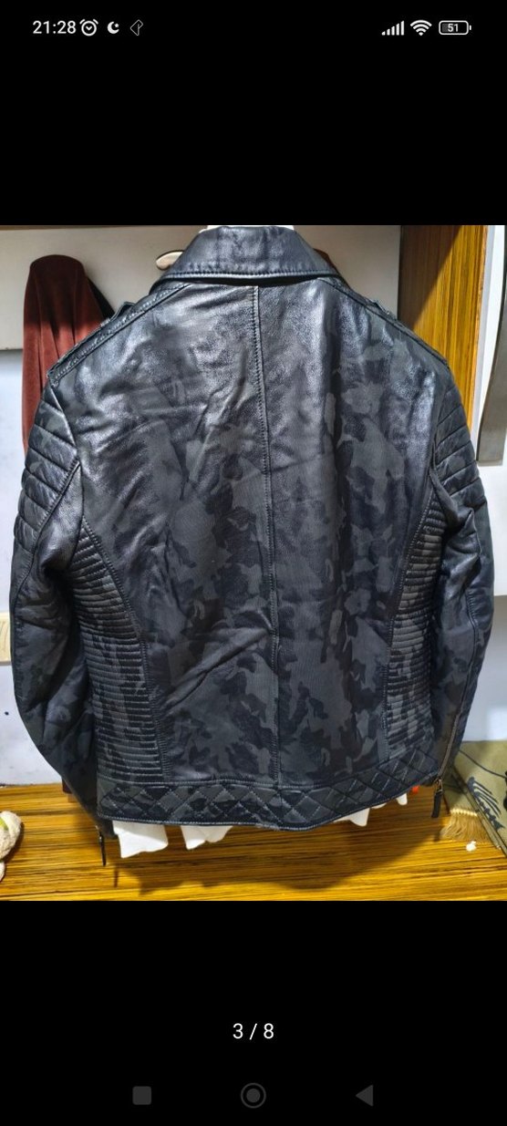 Kemerli Siyah Kamuflaj Deri Biker Ceket - Görsel 2